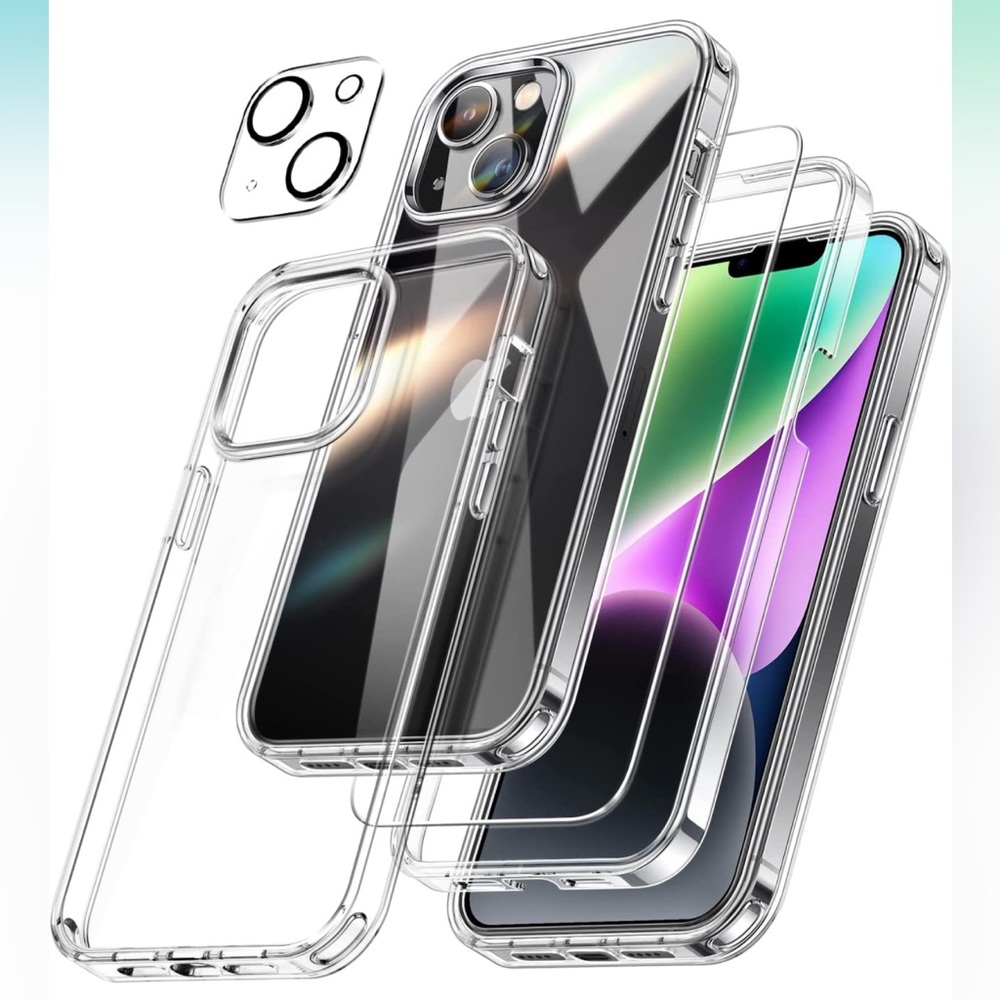 iPhone 14 Transparent Case with 2X Screen Protector + 2X Lens Protector Bundle